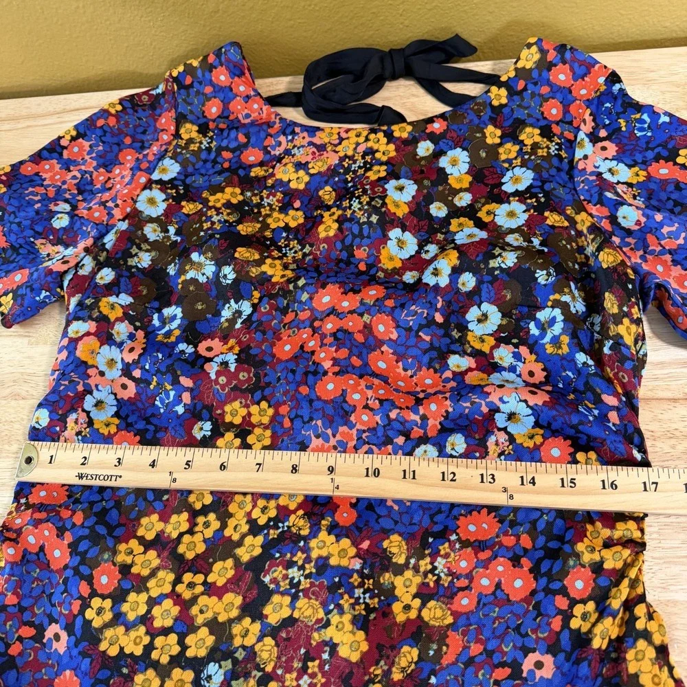 Anthropologie Ruffled Satin Mini Dress Size 14 Floral Tie Open Back Colorful - Picture 12 of 14